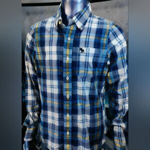 Abercrombie & Fitch Button Down Shirt Mens XL Blue Yellow Muscle Fit